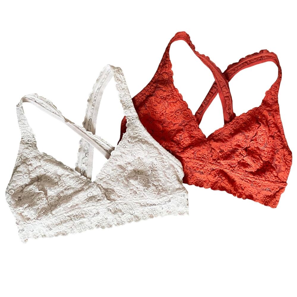 AERIE Lace Bralettes Bundle of Two Size Large Cream Rust Criss Cross Back Boho